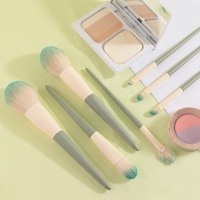Kuas Makeup label pribadi kuas kosmetik rambut sintetis profesional 7 buah dengan ferrule aluminium/pegangan kayu