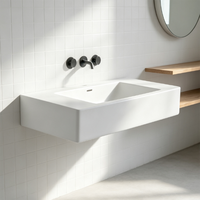 Lavabo mural rectangulaire moderne en acrylique marbré blanc mat, respectueux de l'environnement