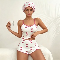P589 Geripptes Pyjama-Set mit Herzprint, Camisole und Shorts, mit Duschhaube und Schlafmütze für Damen, Schwarz, Schlafanzug, Nachtwäsche