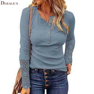 Áo Dáng Dài Ôm Có Cúc Áo Thun Dài Tay Ren Cho Nữ Áo Dáng Ôm Thanh Lịch Màu Trơn Áo Sơ Mi Dệt Kim Gân Cổ Tròn Co Giãn Áo Cánh - Product Image 4