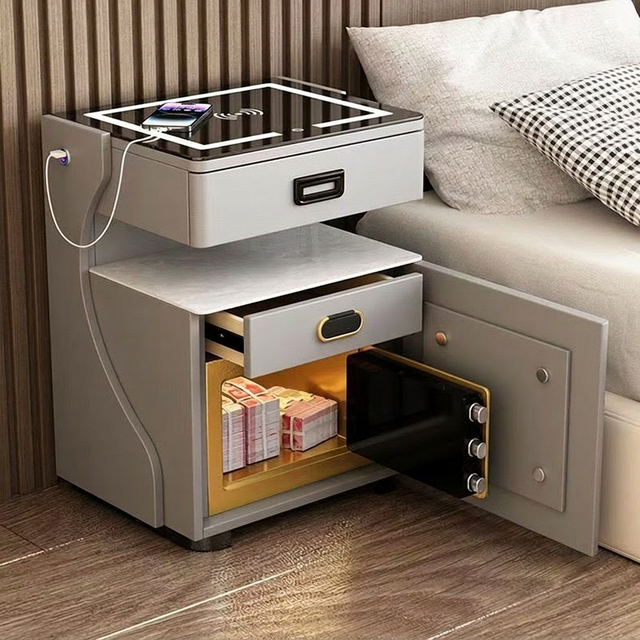 Smart Nightstand with Built-in Safe, Wireless Charging & 3-Color LED Light, Tempered Glass Bedside Table with USB-C for Bedroom