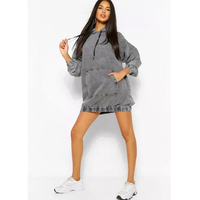 Haute qualité femmes à manches longues pull jean pull à capuche robe goutte épaule kangourou poche Denim robe à capuche