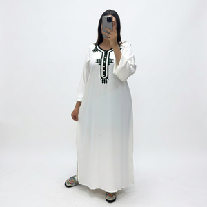 Moroccan White Traditional Kaftan Muslim Abaya Breathable Custom Long Sleeve Ethnic Robe Beaded Neckline <b>Loose</b> Fit Women <b>Dress</b> - Product Image 1