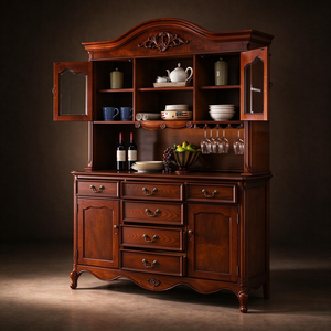 Credenza Classica Americana in Legno Massello con Vetrina, Mobile Vintage per Sala da Pranzo con Porta Bottiglie e Ante in Vetro - Product Image 2