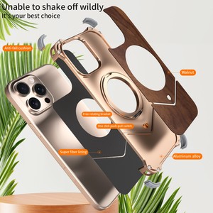 <span class=keywords><strong>Deluxe</strong></span> Drukknoop Titanium Frame Walnotenhout Telefoonhoesje Voor Iphone 14 15 16 Pro Max Met 360 ° Magnetische Standaard Schokbestendige Hoes - Product Image 6