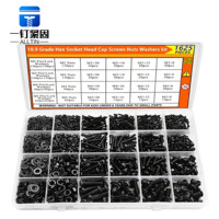 Kit de vis à tête hexagonale métriques 1625 pièces M2-M5 en acier au carbone 10.9, oxyde noir, anti-rouille, avec rondelles plates/de sécurité, assortiment en boîte