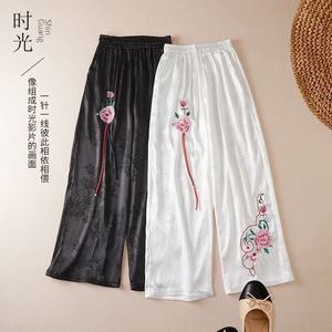Spring Summer Jacquard Embroidered High Waisted Women Pants Ethnic Loose Wide Leg Casual Chinese Style Pants Black White - Product Image 4