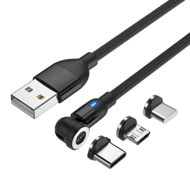 무료 샘플 540 도 회전 자기 충전 USB 케이블 3in1 유형 C 휴대 전화 충전기 Led 빛 2022 새로운 디자인