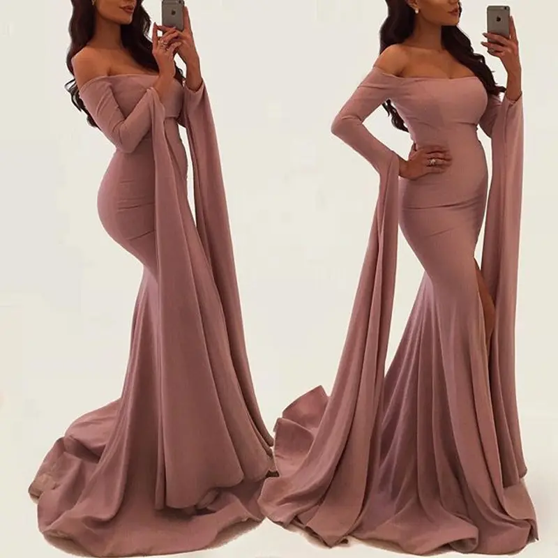 Hot Women Evening Dresses Long Sleeve Prom Gowns Ladies Party Dresses New 2019 Stock Nice Pink Ball Gown Wedding Ceremony Simple