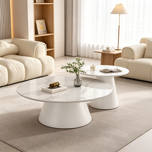 Ensemble de tables basses rondes modernes blanches, plateau en marbre, base solide, luxe léger, meubles multifonctionnels pour salon - Product Image 4