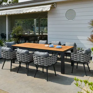 天然柚木顶部240厘米铝腿豪华矩形花园桌套装8把椅子室内室外家具