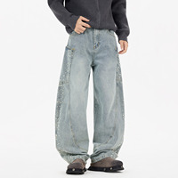 Jean large déchiré pour homme, coupe décontractée, orné de perles, tissé uni, style tendance, automne-hiver