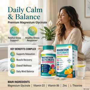 Tabletas Masticables de Glicinato de Magnesio de Marca Privada, Complejo con Vitamina Zinc y L-Teanina, Suplemento Dietético <span class=keywords><strong>para</strong></span> la Calma y <span class=keywords><strong>el</strong></span> Sueño - Product Image 1