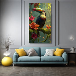 Toile murale d'art avec oiseau toucan coloré, <span class=keywords><strong>fleurs</strong></span> d'hibiscus <span class=keywords><strong>tropicales</strong></span>, décoration de la jungle exotique, nature, imprimé sur toile de faune vibrante - Product Image 5