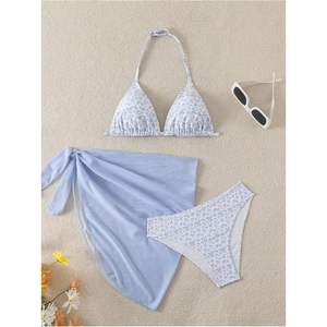 Ensemble de bikini d'été personnalisé pour filles, motif floral, haut triangle, deux pièces, vêtements de plage avec jupe enveloppante, extensible, en spandex et nylon - Product Image 3