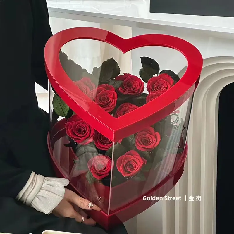 São Valentim 2023 2024 Encantado Rosa em forma de coração caixa acrílico claro São Valentim presente preservado rosa flores arranjo