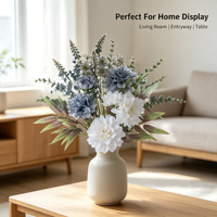 Bouquet de fleurs artificielles personnalisées en dahlia blanc et bleu pour la décoration de la maison, Noël, mariage, arrangement floral élégant