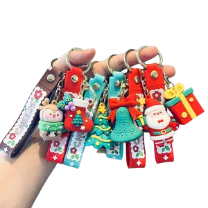 XMAS Promotional Gift Bag Car Pendant Accessories Red Rubber Tree Santa Claus Key Holder 3D Silicone Christmas Key Rings