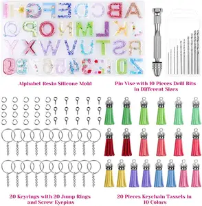 儿童Diy套件字母硅树脂模具字母数字环氧模具珠宝模具用于树脂铸造带流苏销的钥匙扣