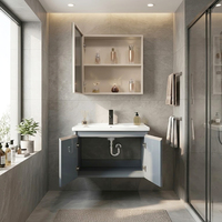 Meuble-lavabo de salle de bain moderne en acier gris de 28 pouces avec vasque en céramique, meuble-lavabo suspendu de luxe pour appartement
