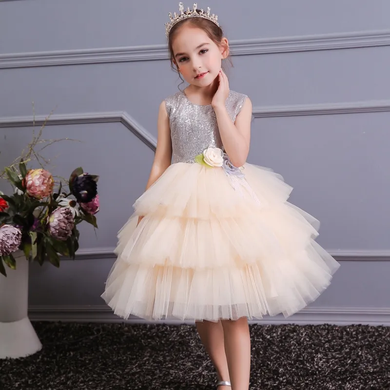 Hot Selling Baby Mädchen Blumen Pailletten Kleid Kinder Hochwertige Kuchen Party Prinzessin Kleid Kinder Kinder Kleidung