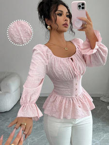 เสื้อเชิ้ตสไตล์ฝรั่งเศสลายดอกไม้สุดเซ็กซี่ประจำฤดูใบไม้ผลิปี 2026 ดีไซน์ใหม่ โดดเด่นมีสไตล์ เหมาะสำหรับใส่ไปทำงาน ช่วงเอวเข้ารูป คอรูปตัวยู แต่งเชือกผูก แขนยาว - Product Image 3