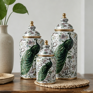 Ensemble de boîtes de rangement vintage en porcelaine brillante motif paon et fleurs, avec bouton doré, pour décoration intérieure - Product Image 4