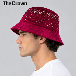 Sombrero de cubo personalizado al por mayor con pedrería de alta calidad, textura de terciopelo, estilo urbano brillante, moda casual unisex, proveedor a granel - Product Image 2