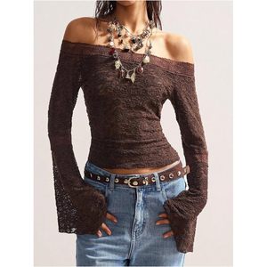 Women's Off The Shoulder Lace Mesh Blouse Bell Sleeve Sheer Fitted <b>Top</b> Boho Western Spring Crop <b>Top</b> - Product Image 5