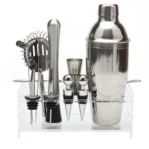 Meilleure Vente 12 Pièces Ensemble de Barres En Acier Inoxydable Gadgets Mélangeur de Vin Barman Outils Cocktail Shaker À Main Avec Acrylique Support De Fond