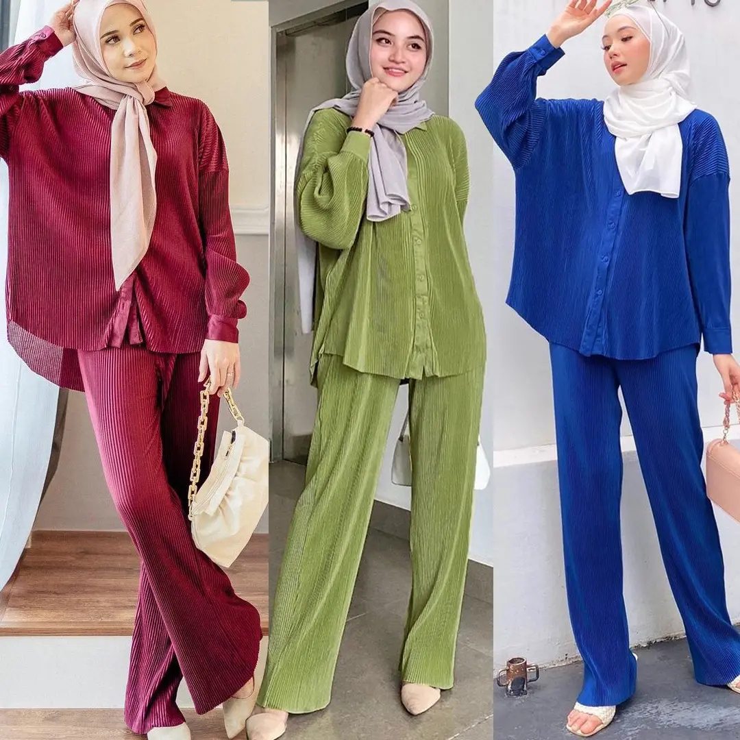 Factory Sales Spring Fall Casual Two-piece Set Quality Streetwear Malaysia Indonesia Women's pleated shirt and pants suit
