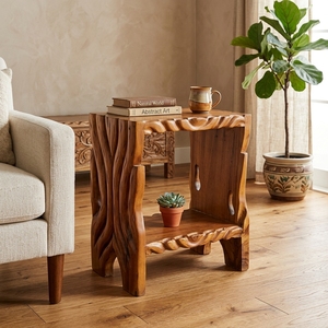 Une table d'appoint de style tronc d'arbre avec une étagère de rangement ouverte, alliant le charme rustique naturel à une élégance fonctionnelle. - Product Image 3