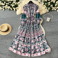 Robe décontractée élégante pour femme à imprimé floral, coupe trapèze, col montant, manches longues bouffantes, ceinturée, longueur midi, pour le quotidien et les vacances