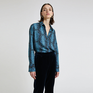 Custom Office Formal Wear Womens Blue Animal Snake Print Satin <strong>Shirt</strong> Long Sleeve Button Down Blouse with Point Collar - Product Image 1