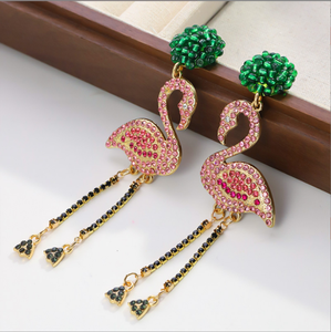 金メッキステートメントジュエリーレディースファッションフラミンゴドロップイヤリングロングタッセルピンククリスタルラインストーンダングル亜鉛合金 - Product Image 3