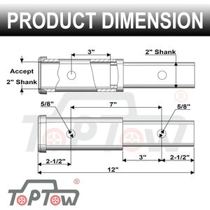 Extensor de enganche Toptow de 7 pulgadas para receptor de 2 pulgadas con pasador de 5/8 pulgadas incluido - Product Image 2
