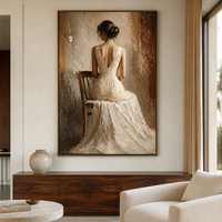 Peinture à l'huile sur toile de la silhouette d'une femme vue de dos, représentant une dame assise, avec texture impasto aux tons terreux, pour salon
