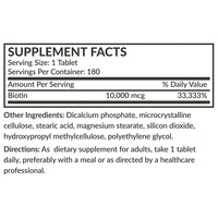 OEM ODM Sans OGM 180 Comprimés Végétariens Biotine 10 000 MCG Comprimés de Biotine Favorisent la Santé des Cheveux, de la Peau et des Ongles et la Production d'Énergie