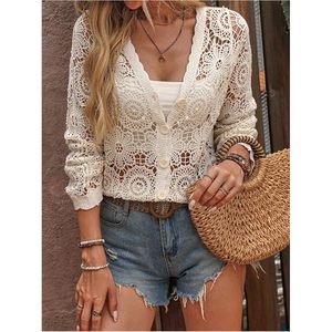 Women's Crochet <b>Cardigan</b> <b>Sweater</b> V Neck Long Sleeve Knit Crop Top Bohemian Summer Sheer Layer - Product Image 3