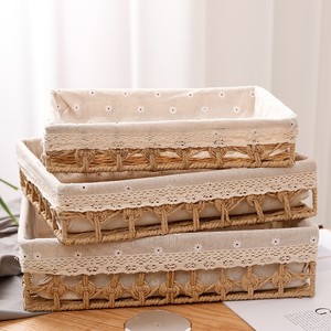 Rectangular Woven Storage Basket Cotton Lined Handmade For Bedroom <b>Desk</b> Organizer <b>Large</b> Capacity Household Use - Product Image 1