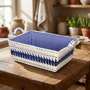 <b>Rectangular</b> Wicker <b>Storage</b> <b>Basket</b> Blue Checkered Linen Farmhouse Kitchen Organizer Customized Size Handmade Weave - Product Image 1