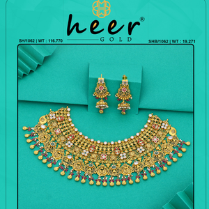 Conjunto de collar nupcial tradicional de oro con diseño de templo intrincado, aretes con acabado antiguo, joyería india hecha a mano. - Product Image 2