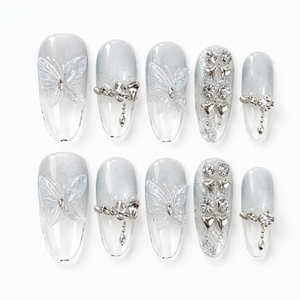 Uñas Postizas de Acrílico con Efecto Ojo de Gato y Mariposa, Transparentes, con Pedrería 3D, Cobertura Total, para Dedos - Product Image 1