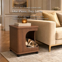 Table d'appoint pour chat en bois, meuble partagé humain-animal, table de chevet avec entrée arquée et roulettes verrouillables