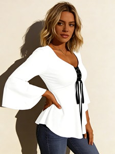 Blusa Formal con Cuello en V y Mangas Campana con Cordones Delanteros para Mujer, Ideal para Primavera/Otoño, Ecológica para Días y Salidas - Product Image 6