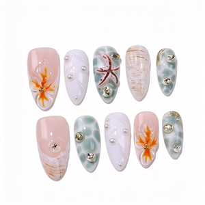 <span class=keywords><strong>Uñas</strong></span> Postizas Cortas Almendradas Hechas a Mano, Diseño de Sirena de Verano, Estrella de Mar 3D <span class=keywords><strong>y</strong></span> Perla, Arte de Ondas de Agua en Color Menta, <span class=keywords><strong>Uñas</strong></span> Románticas de Playa, Venta al Por Mayor - Product Image 1