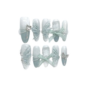 Faux <span class=keywords><strong>ongles</strong></span> à presser faits main, effet papillon en jade vert, œil de chat effet slush, super brillants, féeriques, pour filles - Product Image 1