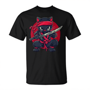 T-shirt graphique Cat Ninja Samurai Kawaii, thème japonais, couleur noire - Product Image 2