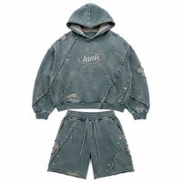 Ensemble sweat à capuche et short pour homme, personnalisé avec logo sérigraphié, orné de strass, ourlet déchiré, style décontracté, 320 GSM, automne