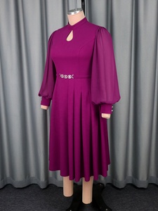 Vestidos de Noche Formales de Talla Grande para Mujer, Casuales, con Cuello Alto, Manga Farol de Gasa, con Cinturón de Pedrería - Product Image 5